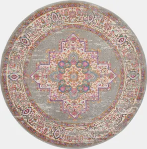 HomeRoots 385271 8 ft. Round Gray & Gold Medallion Area Rug, Antique-Inspired, Bold, Circle, Decorated, Dual-Tone Area Rug, Antique-Inspired Area Rugs, Bold Area Rugs