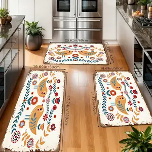 Scandinavian Folk Art Bird Kitchen Rugs Set, Non-Slip Washable Floor Mats, Retro Floral Bird Print Runner Carpets for Kitchen, Bathroom & Farmhouse Decor