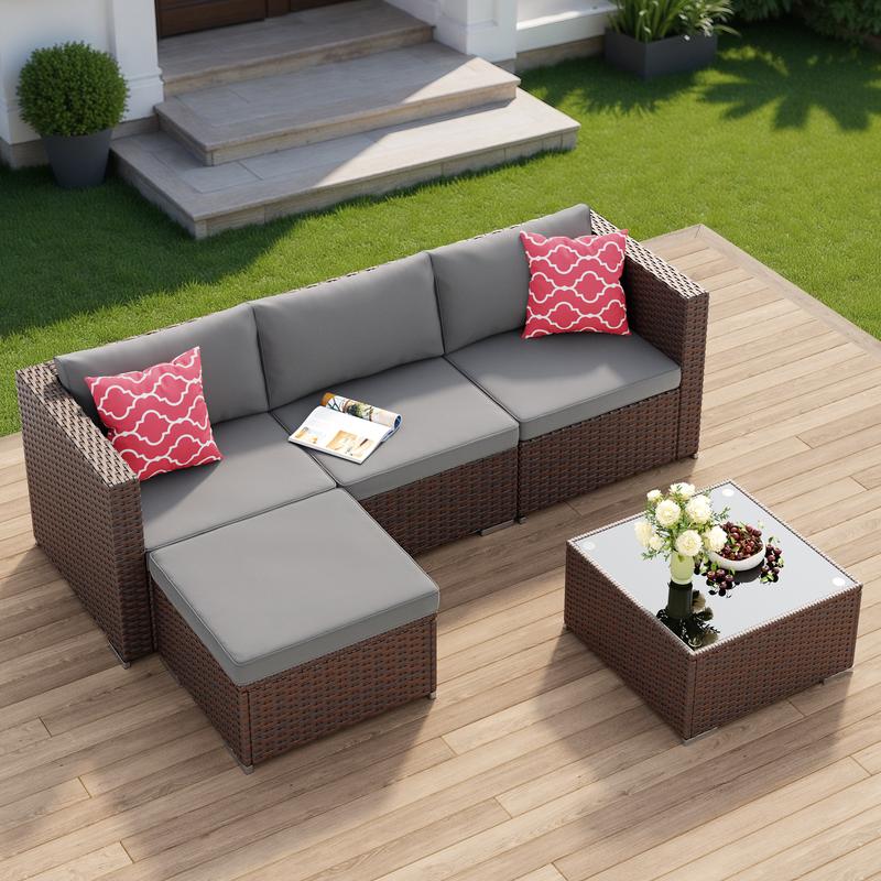 Gizoon 5 Pieces Patio Furniture Set All Weather Outdoor Wicker Sectional Patio Furniture with Cushion and Glass Table