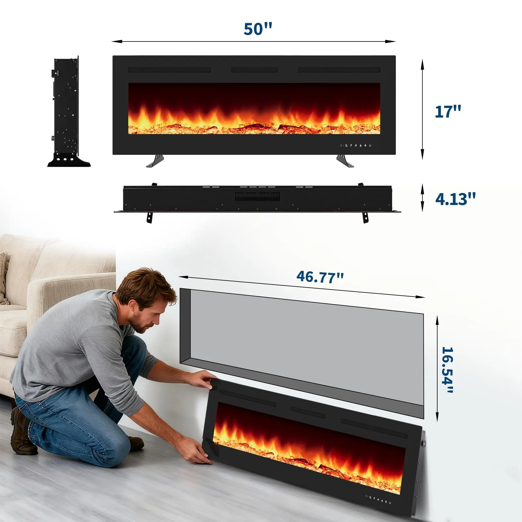 【Christmas Gift】50 Inch Electric Fireplace Inserts - 1500/750W Ultra Narrow Frame Wall Mounted Fireplaces with 3 Heating Modes - 12 Flame Colors, Remote Control/Timer, Touch Screen, Low Noise