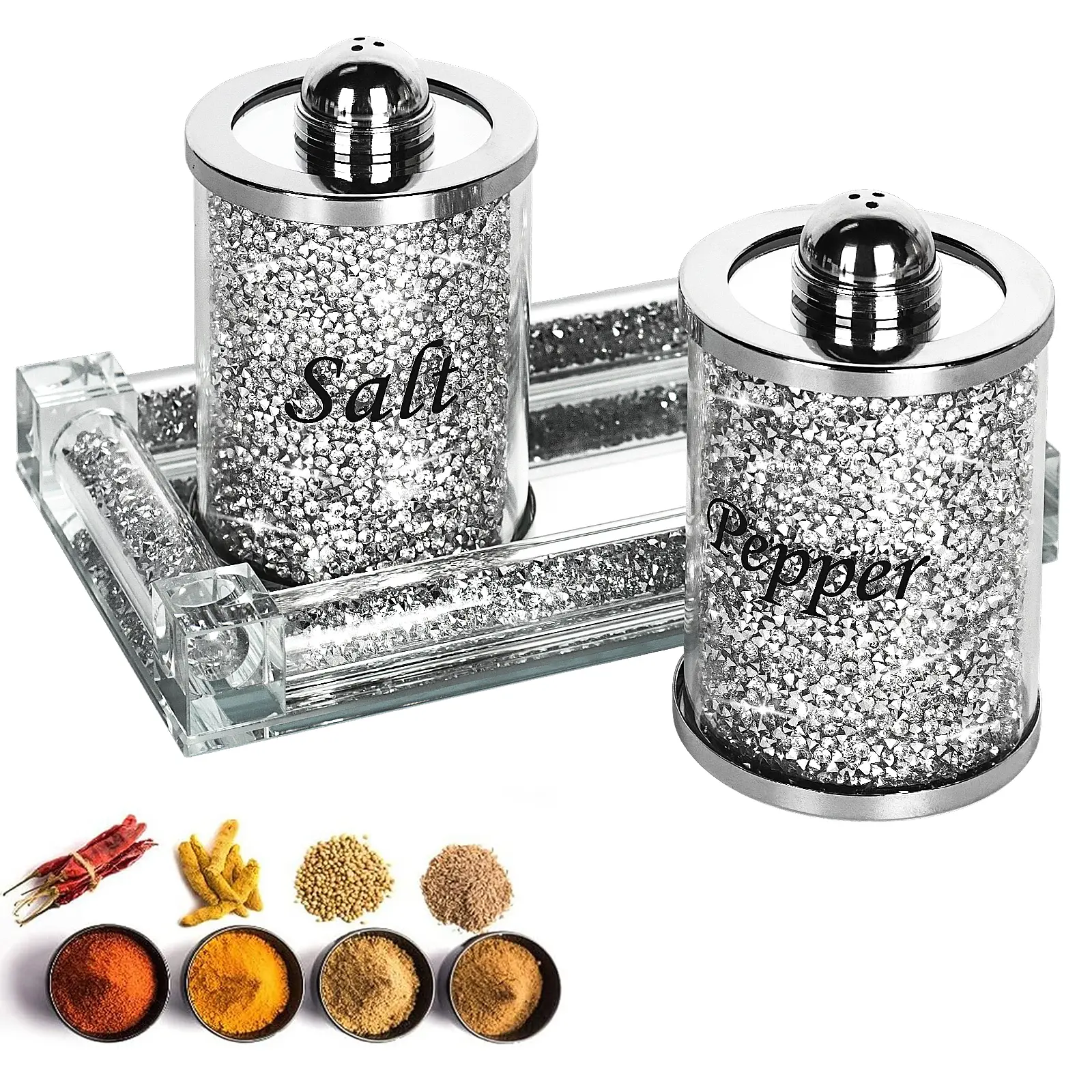 Classic Crystal Glass Salt and Pepper Shakers Set with Tray - Elegant Silver Korean-Style Seasoning Canister, Crushed Diamond Space-Saving Kitchen Tabletop Organizer, Housewarming Gift