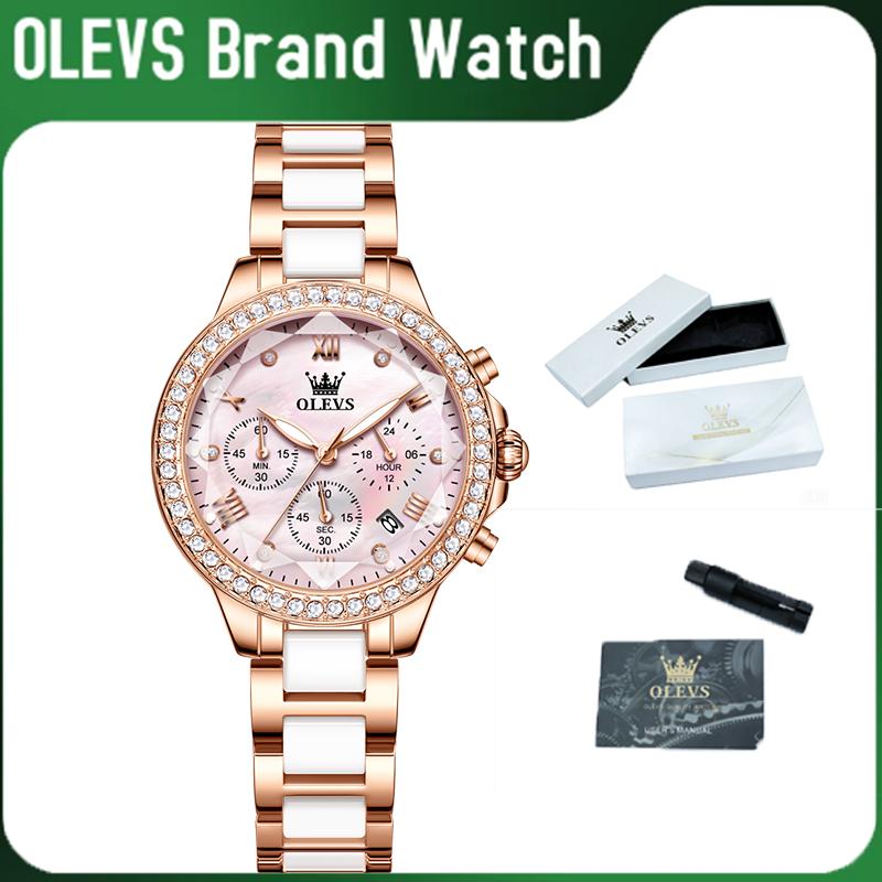 OLEVS Women's Modern Trendy Analog Watch - 36mm Purple Japanese Quartz Watch with Elegant Round Luminous Dial, Ceramic Fold Clasp Band, Alloy Case, Not Waterproof Anniversary Gift