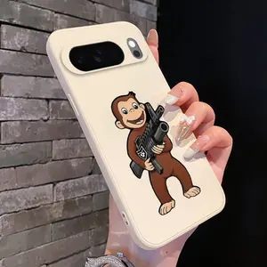 Monkey with Firearm Pattern Rounded Edge Phone Case for Google Pixel 10 9 8 7 Pro A XL Shockproof Full Camera Protection Durable Slim Liquid Silicone Cover Smartphone Casing