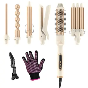 AIKO PRO 6 in 1 Curling Iron Set with Thermal Brush, Hair Straightener, 3 Barrel Hair Crimper, 3 Ceramic Curling Wands (0.35"-1.25"), Fast Heat Up, Dual Voltage with a Glove, Gifts for Women