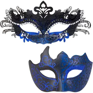 2 Pcs Masquerade Masks for Couples, Shiny Rhinestone Metal Filigree Venetian Mask & Mens Venetian Mask for Mardi Gras