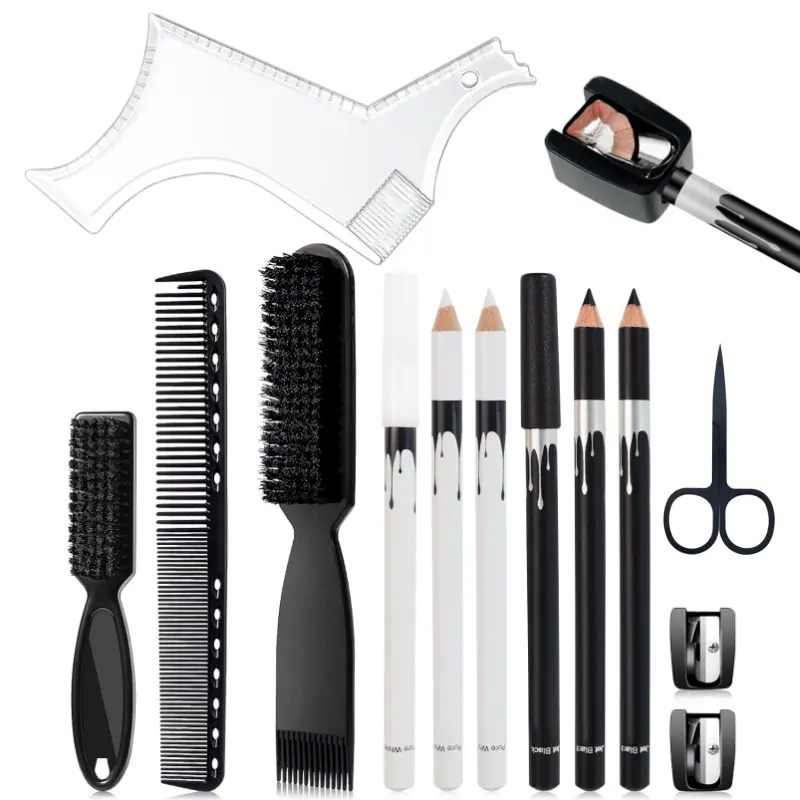13Pcs Beard Shaper Tool Kit for Men Grooming, White Black Barber Pencil for Lineup Edging with Sharpener, Hairline Beard Guide Shaping Barber Comb Clipper Cleaning Brushes Hair Combs Set