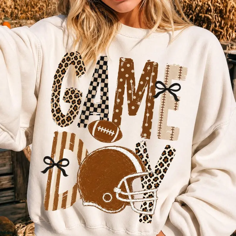 Preppy Football Game Day Sweatshirt, Touchdown Football Mom Crewneck, Leopard Checkered Gingham Pullover, Trendy Fall Sports Sweater, Football Fan Gift, Cozy Game Day Apparel