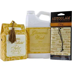 Tyler Candle Glamorous Wash 32 Ounce, Scented Sachet, and Autoglam Air Freshener, 3 count  Bundle Set, Diva