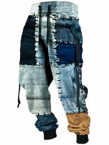 Men's Ankle Length Belted Drawstring Patchwork Look Techwear Pants, Menswear, Geometric Multi-Shade Blue Gray Brown Color Block, Unique Stitching, Casual Fashion, Cost-Effective for Promotional Use