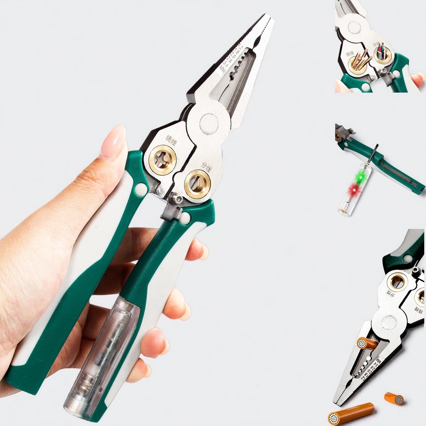 Stainless Steel 8-in-1 Wire Stripper Pliers with Voltage Test, Cable Cutting, Stripping, Crimping and Splitting Tool for Home, DIY and Electrical Work