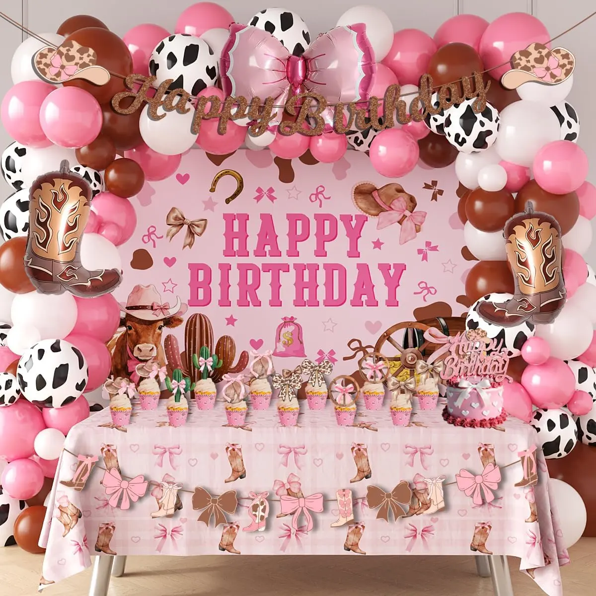 Cowgirl Birthday Party Decorations Western Birthday Party Decorations with Pink Cowgirl Balloon Arch Kit Boot Bow Backdrop Tablecloth Banner Boot and Bow Foil Balloon Cupcake Toppers for Girls B-day