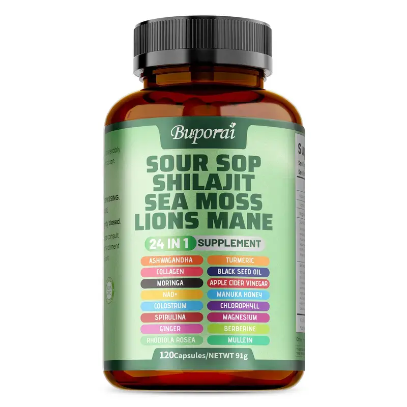 Soursop Dietary Supplement, rich in antioxidants, 120 capsules per bottle, with added shiitake mushroom, seaweed, and lion's mane mushroom, 24 in 1, supports skin, joint, and bone health.