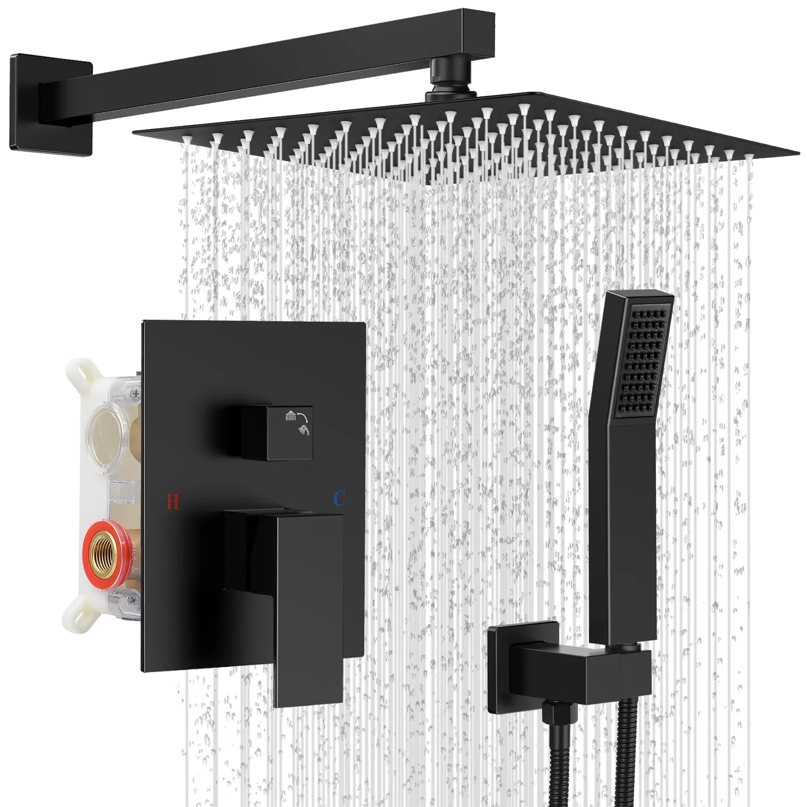 Shower Faucet Set with 10 Inch Matte Black Rain Shower Head | Pressure Balance Shower Valve and Trim Kit, SUS304 Square Shower Head and Handle Set, All Metal, Wall Mounted Shower Fixtures Wall-mounted shower faucet set - 10-inch square overhead spray
