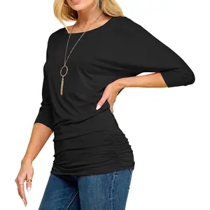 Women's Casual Boat Neck and V-Neck 3/4 Sleeve Draped Dolman Top with Side Shirring Premium Shirt