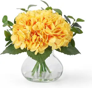 7 Silk Hydrangea Artificial Flowers in Glass Vase, Real Touch Faux Hydrangea Bouquet with Faux Water for Wedding Centerpieces, Home Table Decor, Office & Party Decorations (Yellow)