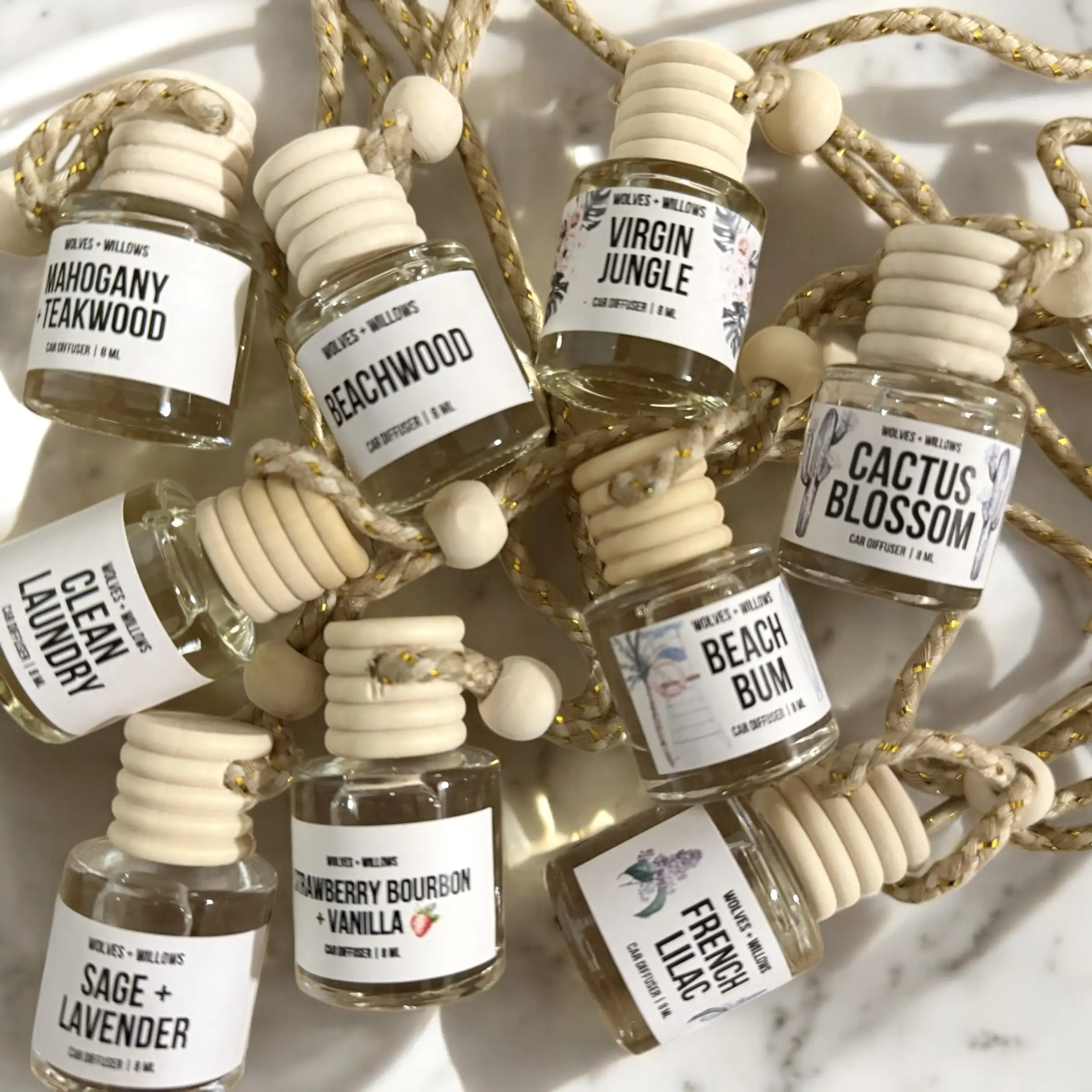 Wolves & Willows Car Air Freshener - Multiple Scent Options with Non-Toxic Phthalate-Free Fragrance in Glass Container with Adjustable Bead - Clean La