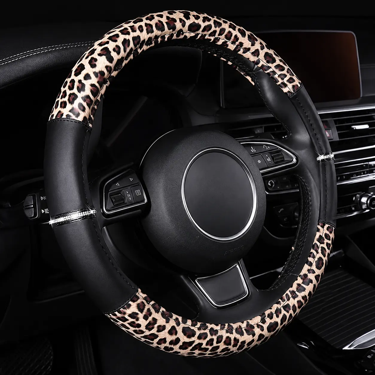 AUTOYOUTH Women's Leopard & Cheetah Print Bling Crystal Rhinestone Leather Steering Wheel Cover - Non-Slip, Breathable, Comfortable Grip, Reduced Hand Fatigue, Universal 14.5-15 in (Black & Yellow) - Girly Car Decor, Car Accessories, Steeringwheelcover