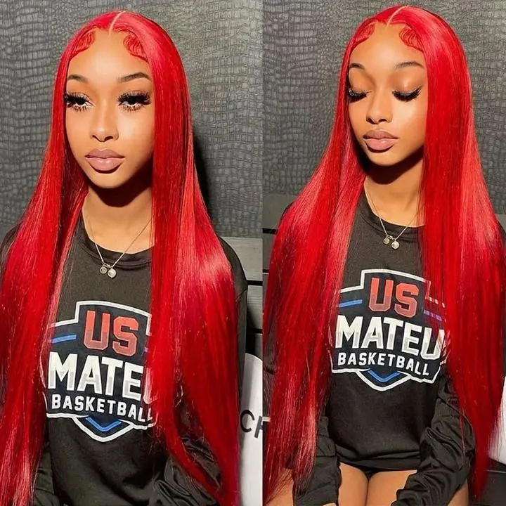 Dachic Hair Red Color Straight Wigs 99J Burgundy Color 13x6 HD Transparent Lace Front Wigs with Baby Hair for Women 613 Blonde Human Hair P4/27 Highlight Color Straight Wig