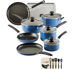 Easy Clean 24 Piece Aluminum Nonstick Cookware Set - Blue, Includes Pots and Pans Glass Lids