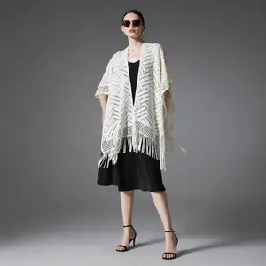 Fringed Openwork Shawl Wrap | Lightweight Knit Design, Perfect for Evening Dresses, Beach Cover Ups, Travel and Casual Wear