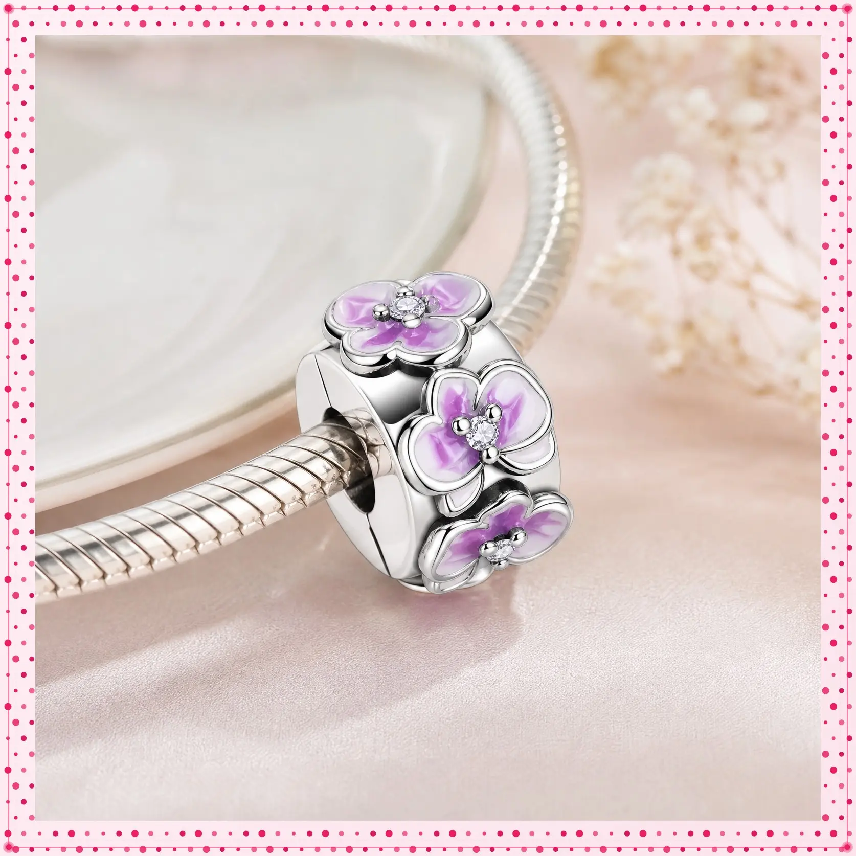 MULA Elegant Purple Orchid Stopper Clip Charm, 925 Silver-Plated with Hand-Painted Enamel & Zircon, Features Silicone Core, Fits Pandora Bracelets for Women, Durable, Clasp, Valentines Day