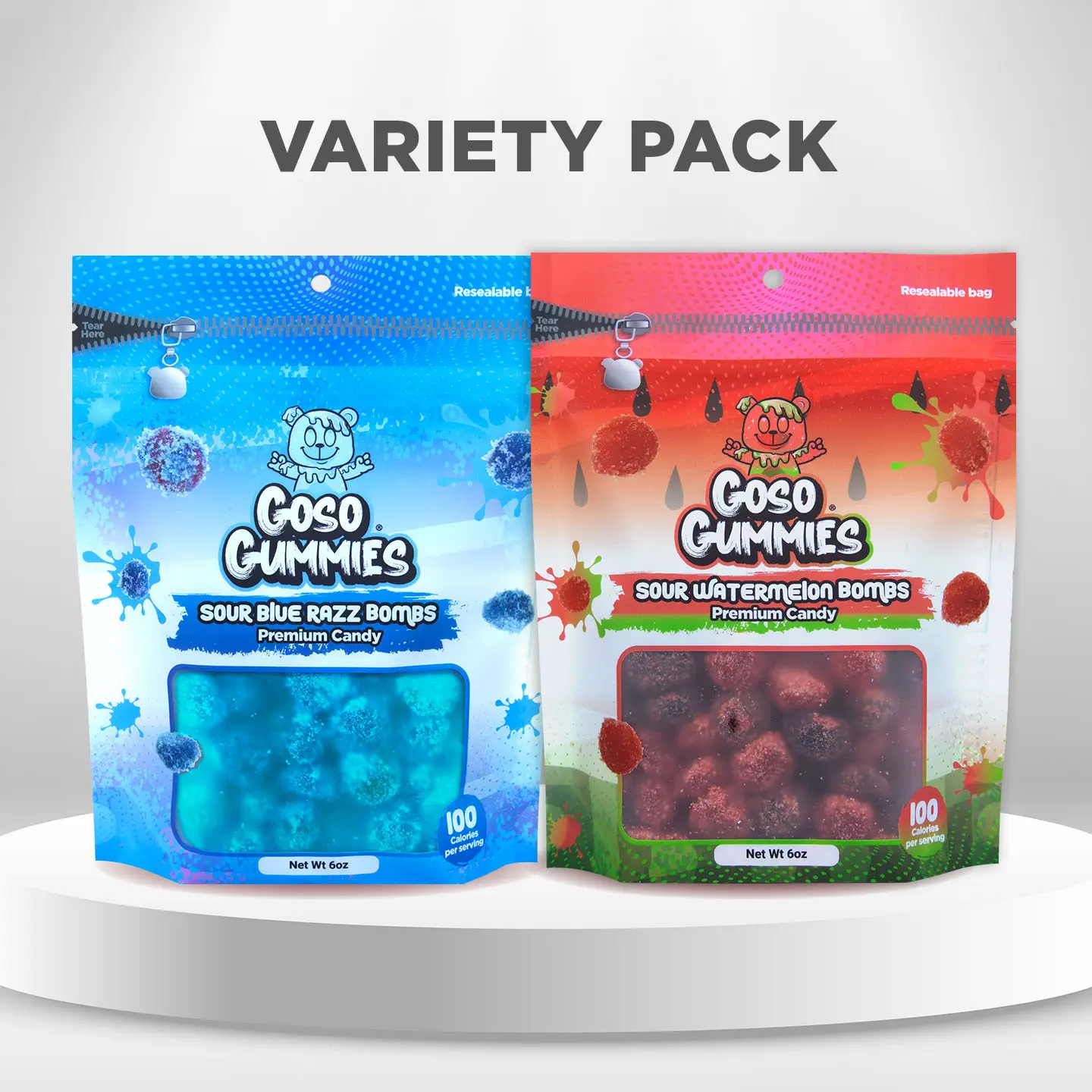 Goso Gummies Sour Blue Razz Bombs 6oz + Sour Watermelon Bombs 6oz - Viral Gushers 12oz Duo Pack - Sour Chewy Fruit Candy