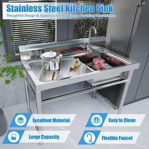 CNCEST Commercial Kitchen Sink Prep Table w/ Faucet Stainless Steel Single Compartment 1mm Thick 120x60x80cm Large Capacity Easy Clean Flexible Tap