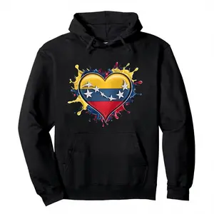 Venezuelan Flag Heart Graphic Hoodie Unisex Pullover Sweatshirt 100% Cotton Regular Fit Crew Neck Solid Black Long Sleeve Autumn Casual Made in USA
