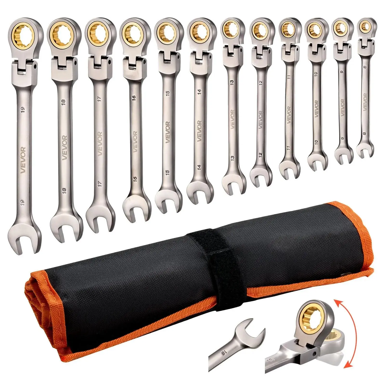 【summerfinds】VEVOR Flex-Head Ratcheting Wrench Set, 12-Piece Metric 8 mm to 19 mm, 72 Teeth, Cr-V Steel Ratchet Flexible Combination Wrench Set with Roll Up Pouch, for General Household and Automotive Repairs, Combination Ratchet Wrenches, Multifunctio
