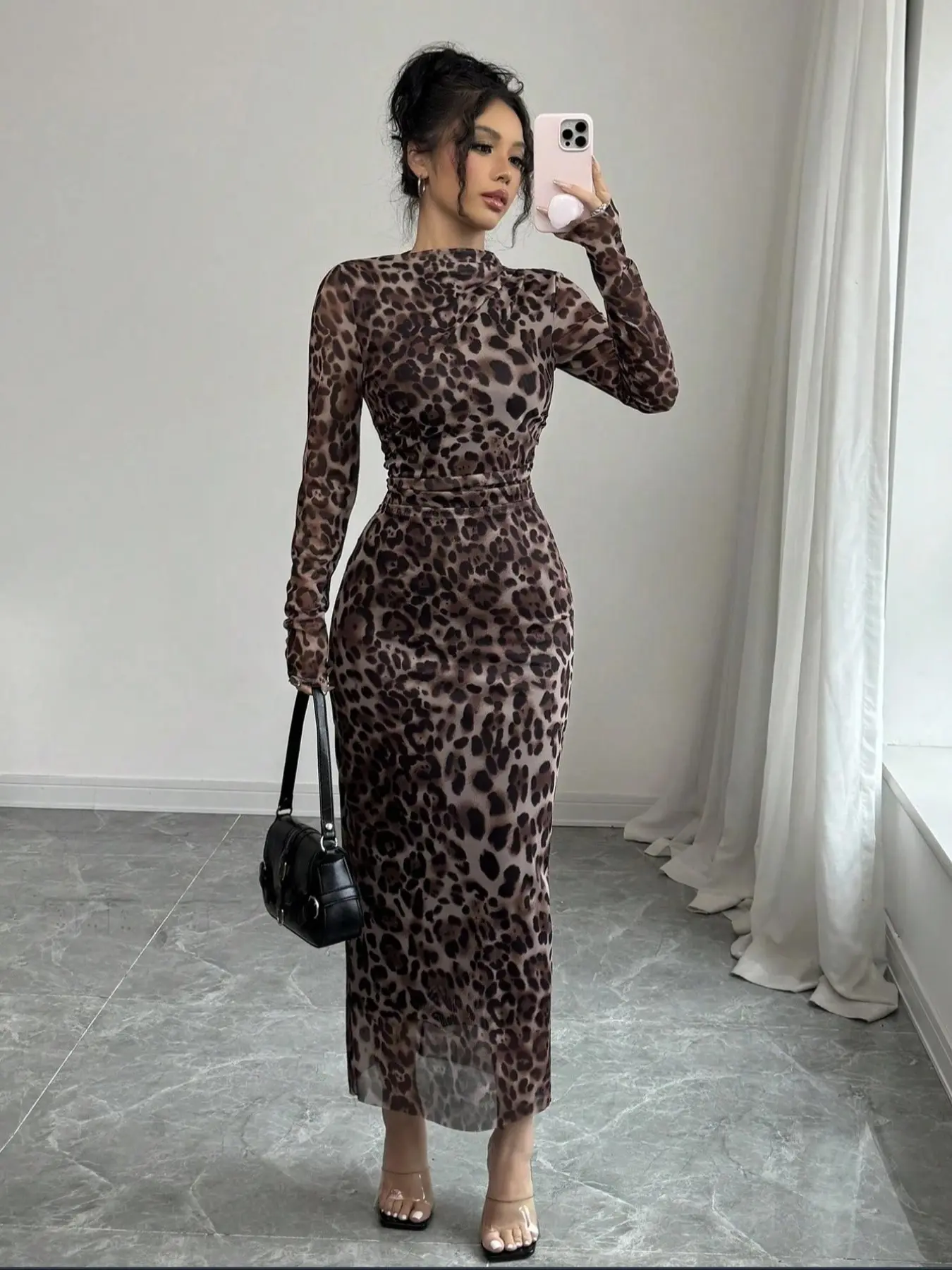 Elegant Women's Leopard Print Mesh Ruched Long Sleeve Bodycon Dress,  Womenswear Spring & Fall Fashion, Perfect for Casual and Party Wear -  TikTok Shop