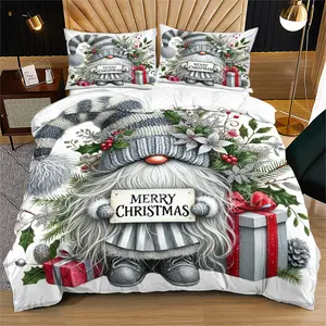 Silver Christmas Theme Duvet Cover Set, Includes One Quilt Cover and Pillowcases, Long-Bearded gnome and Holly Berries, Christmas Flowers, Gift Patterns, Soft Comfortable Bedding, Holiday Bedroom Decoration or Gift