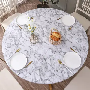 Round Vinyl Fitted Tablecloth with Flannel Backing Elastic Edge Design Waterproof Oil-Proof Stain-Resistant PVC Table Cover Best for 37"-44" Round