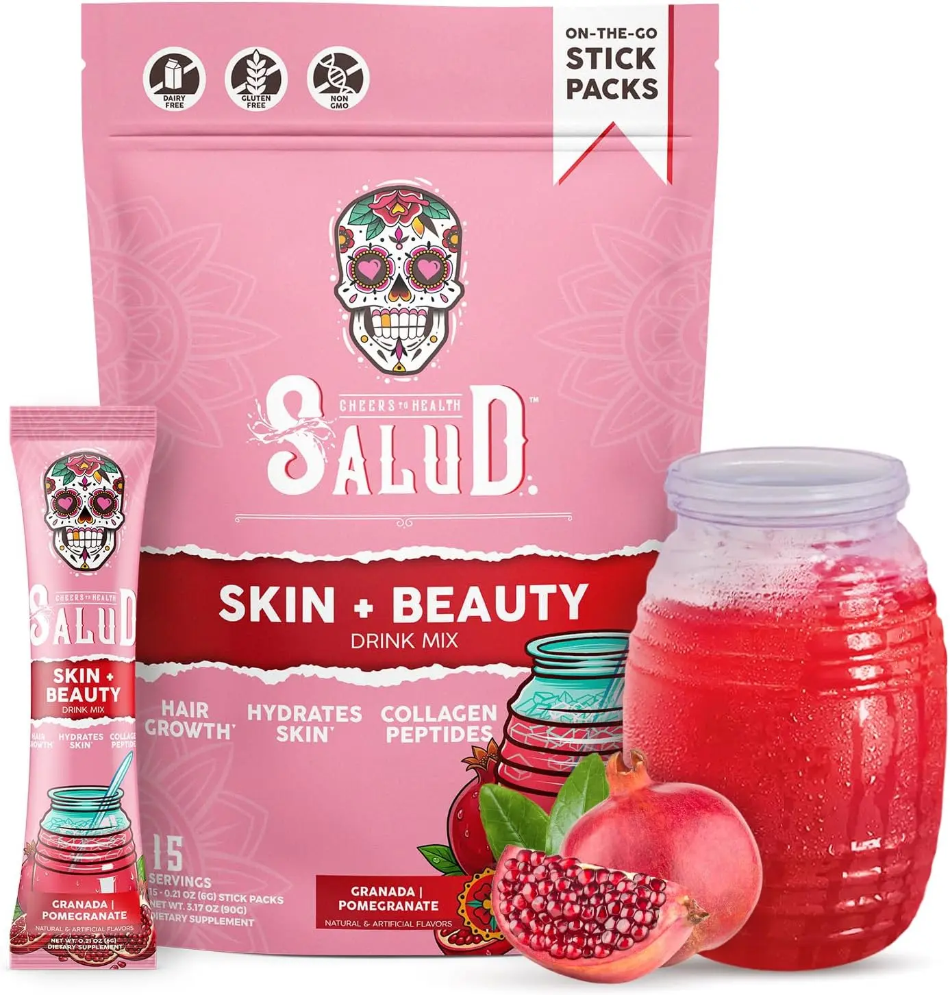 Salud 2-in-1 Skin + Beauty Drink Mix Packets, Pomegranate, Collagen Peptides with Verisol, Hyaluronic Acid, Vitamin C, Biotin + Lustriva, Hydration Sticks, Gluten Free, (15 Servings)