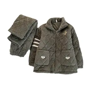 Men's Pajama Jacket, Soft 3-Layer Quilted Coral Fleece Top, Warm Thermal Long Sleeve Loungewear with Zip-Up Stand Collar, Menswear