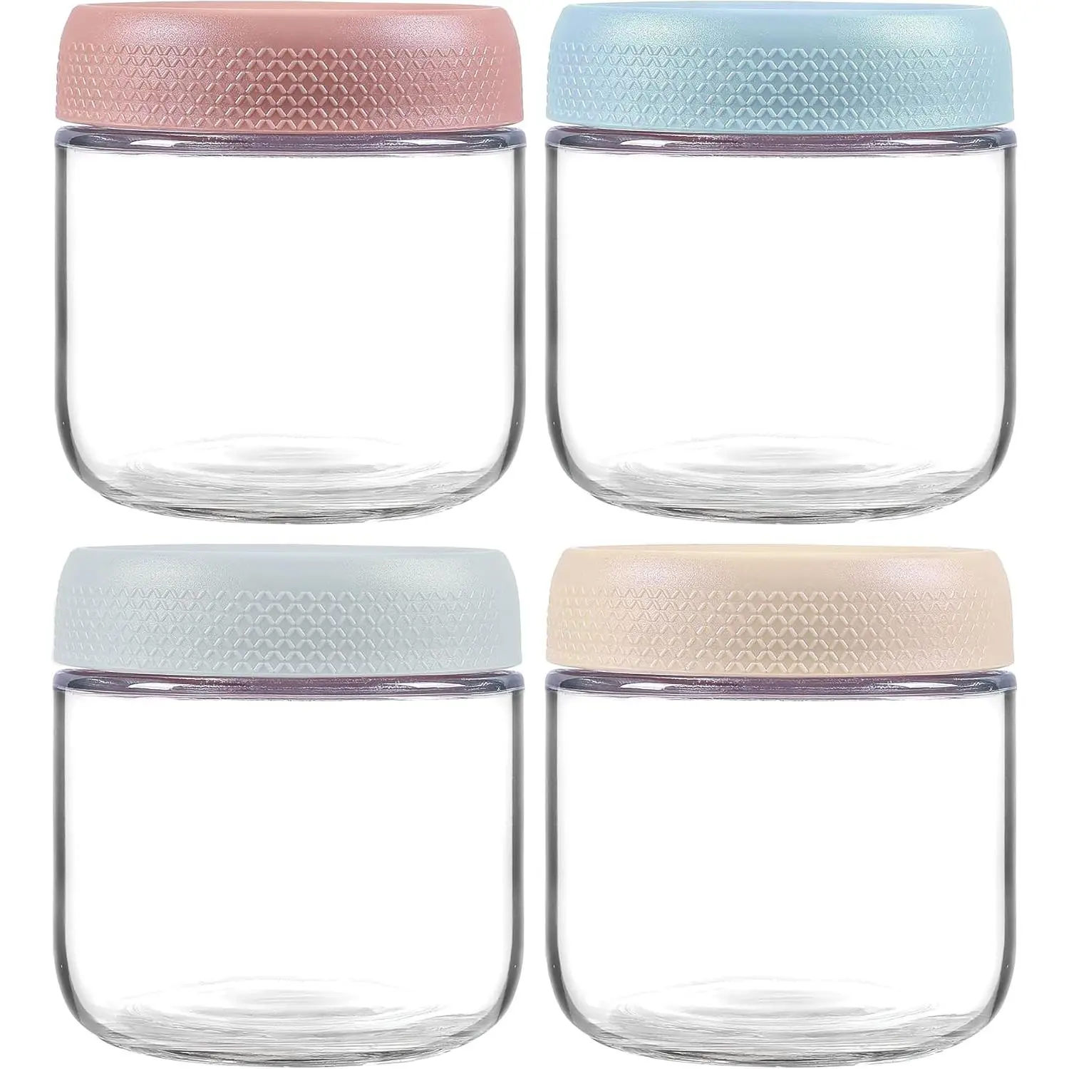 4 Pack Glass Clear Storage Canister with Airtight Lid, 12oz Overnight Oats Containers, Small Cute Decorative Pantry Jar for Snacks, Yogurt, Cereal, Fruit, Salad, , Sugar, Coffee,