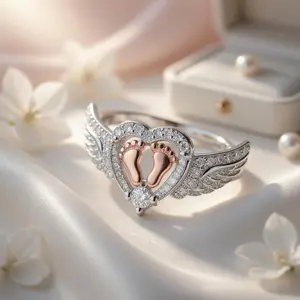 2026 New Mommy of an Angel Ring - Sterling Silver Memorial Angel Wing Heart Footprint Jewelry for Moms
