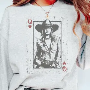 Vintage Western Sweatshirt Retro BOHO Cowgirl Queen of Heart Pullover Country Cowgirl Sweaqter Queen of Heart Deck Card Top Womenswear Casual Crewneck Sublimation Sweatshirt Cowgirl Tee Queen Sweater