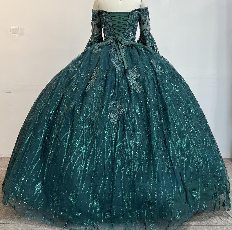 NO.43  Quinceañera Dress Off The Shoulder Bell Sleeves Green Blush Sparkle Tulle Ball Gown Dress