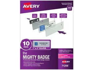 The Mighty Badge, 1x3 Silver, 10 Reusable Name Tags 80 Laser Inserts