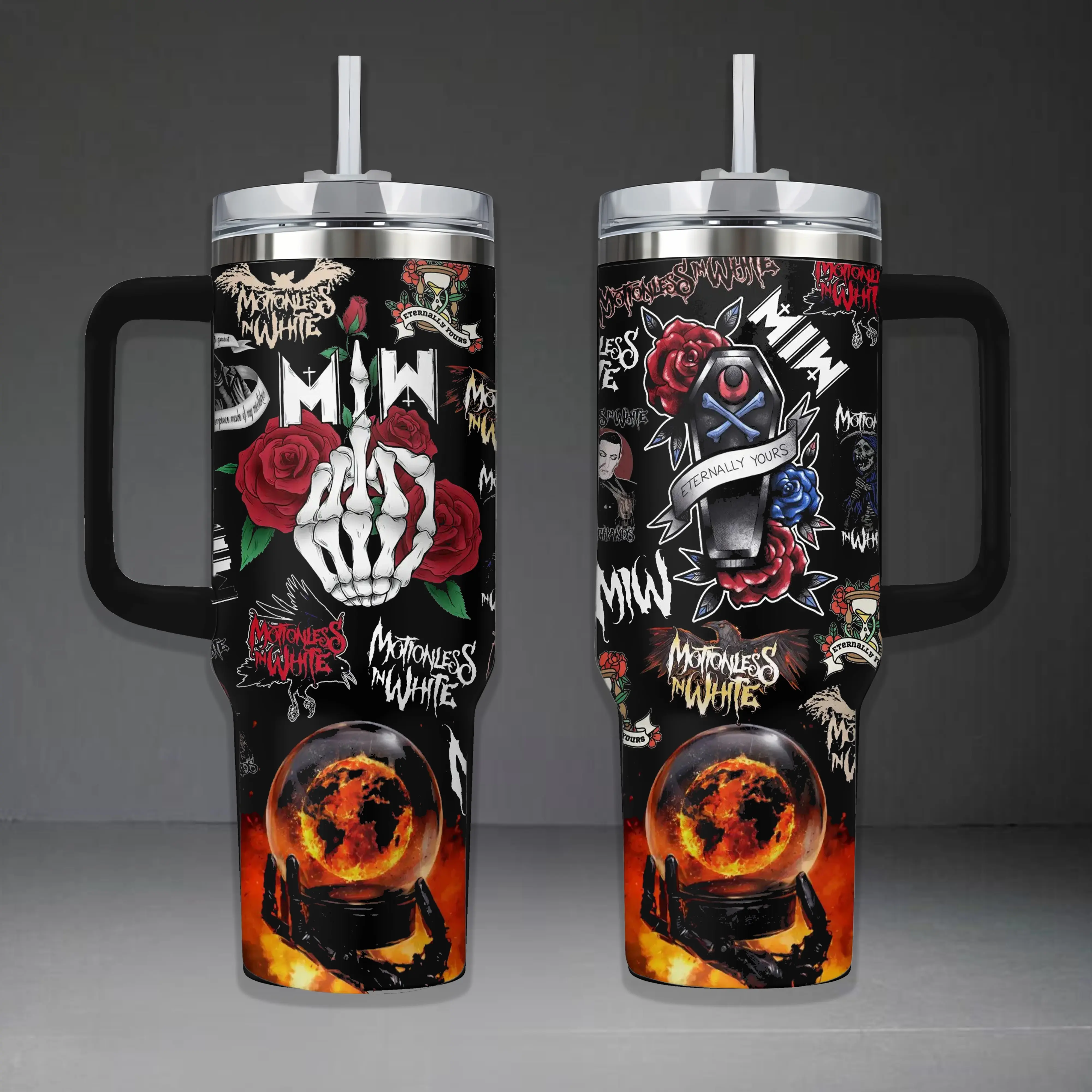 Motionless in White Band Tumbler with Handle 40oz 20oz, Dark Aesthetic Rock Music Fan Travel Mug, Insulated Drinkware Gift