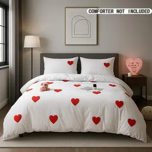 Love Embroidery Duvet Cover Set (2-3 Pieces, No Insert) – Romantic Towel-Stitch Bedding with Matching Pillowcases, Breathable Comforter Cover for Hot Sleepers & Couples, Coquette Aesthetic Bedroom Decor, Machine Washable ,Mother’s Day