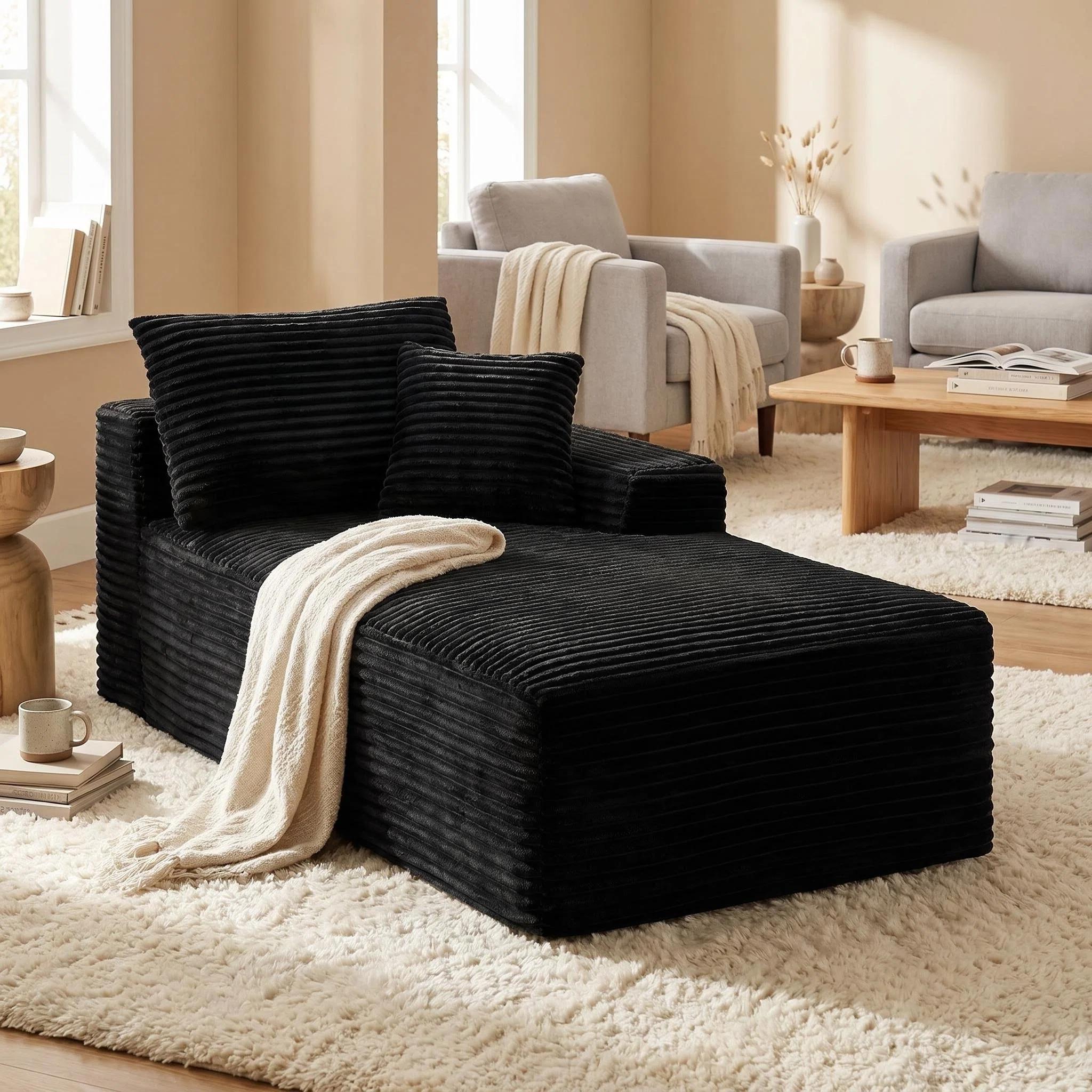 Chaise Lounge Chair Indoor Sleeper Black Corduroy Modular Sofa Couch, Legless Floor-Hugging Armless Accent Chair for Living Room Bedroom, No Assembly Required Chaise Lounge Chair Indoor Sleeper Black Corduroy Modular Sofa Couch, Legless Floor-Hugging Armless Accent Chair for Living Room Bedroom, No Assembly Required