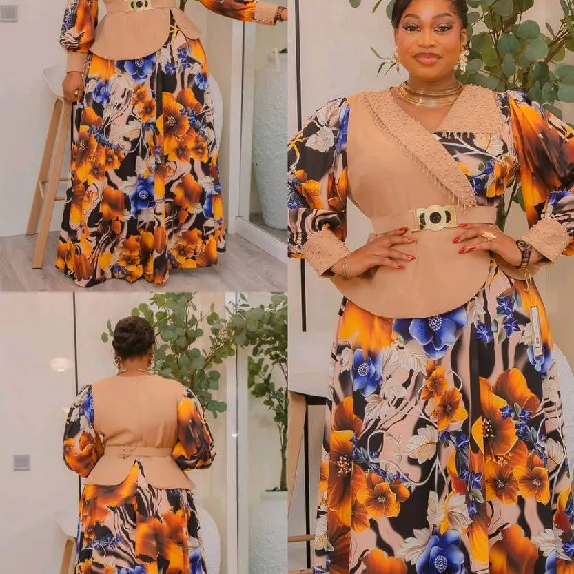 Floral Maxi Dress with Belted Waist and Long Sleeves for Women's Fashion
