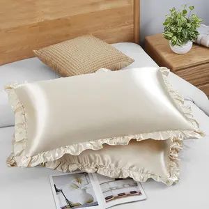 Ruffled Queen Pillowcase Set of 2, Beige Pillow for Ruffle Pillow Shams Covers Room Decoration, with Envelope Closure
