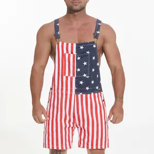 Yuanbang Men's American Flag Stretch Adjustable Denim Overalls Shorts, Menswear with Zip,  Women's Casual Rompers, Womenswear Bibs Jumpsuits with Pockets
