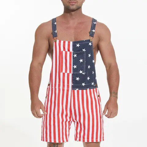 YUANBANG Men's American Flag Stretch Adjustable Denim Overalls Shorts, Menswear with Zip,  Women's Casual Rompers, Womenswear Bibs Jumpsuits with Pockets