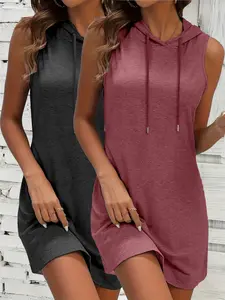Colorful Cotton Hooded Dress 2-Piece Set, Casual Fitted Solid Pattern Dress, Comfortable Daily Wear, Perfect for All Seasons