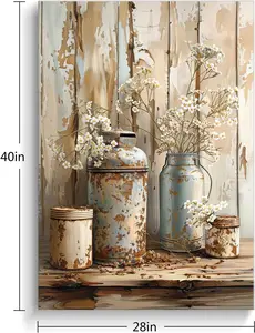 Rustic Flower Canvas Print Vintage Farmhouse Wall Art Faded Wood Grain Background Delicate Floral in Rusty Can Painting Framed Elegant Home Decor for Living Room Bedroom SHJY-00107