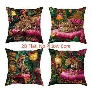4pcs, Leopard Themed Throw Pillow Covers, Leopard and Tropical Plants Green Pattern, Suitable for Balcony, Garden, Patio Furniture, Tents, Swings, 2D Flat, Single Sided Printing, No Pillow Core