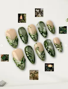 A lush botanical fantasy with glossy olive waves, marble sage gradients and golden dew accents — elevated green couture press-on nails for elegant luxury lovers